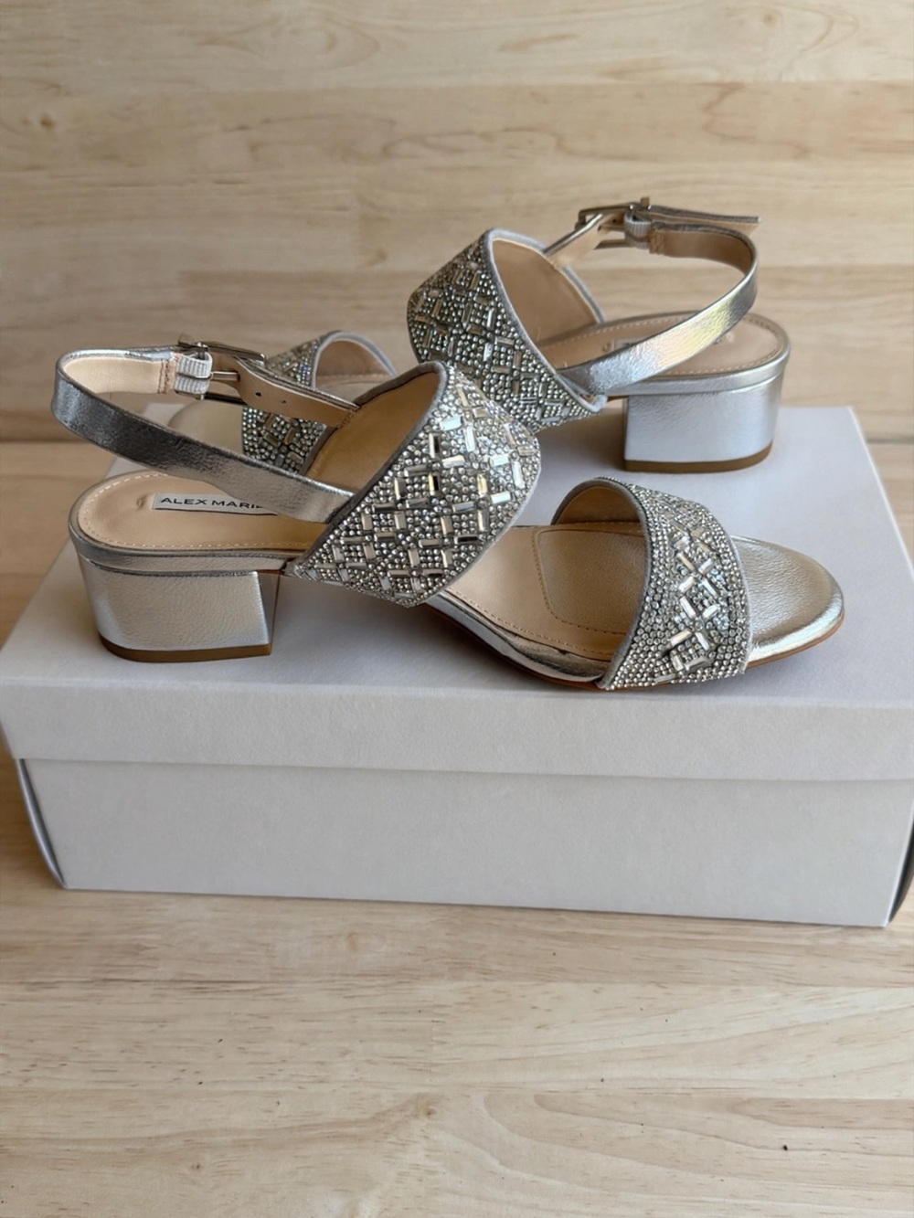 Alex Marie Metallic Silver Beaded Block Heel Sandals